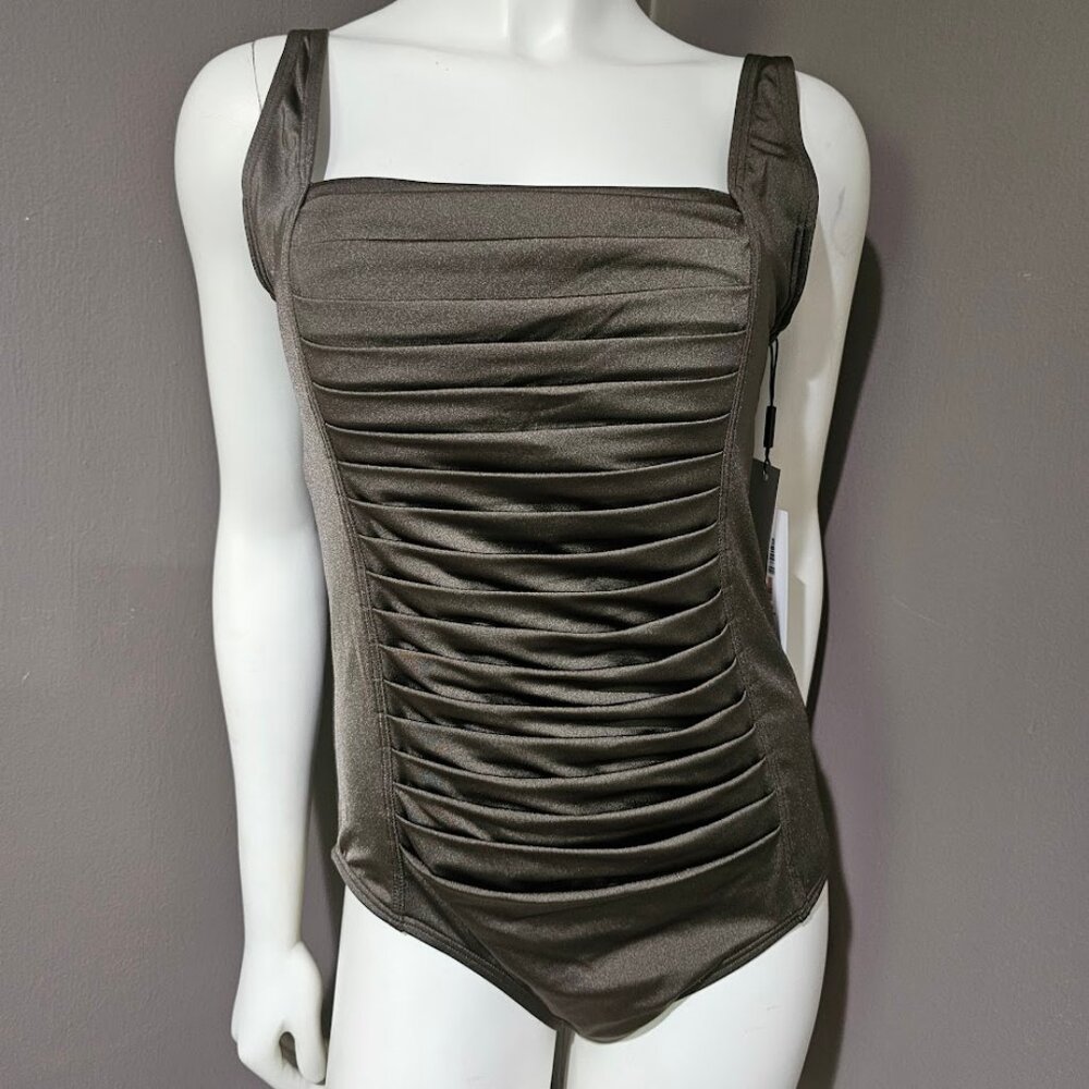 Calvin Klein Shimmer Pleated One Piece Swimsuit Bronze - Picture 2 of 12